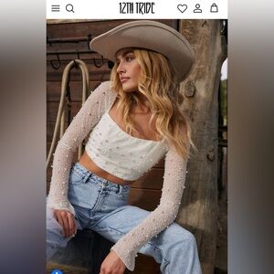 12th Tribe Cristal White Beaded Pearl Long Sleeve Crop Top Medium